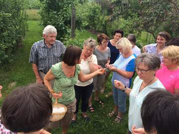  - Mit Kräuterpädagogin Elisabeth Hof Wildkräuter im Garten sammeln. Foto: Landkreis Regen, Eder