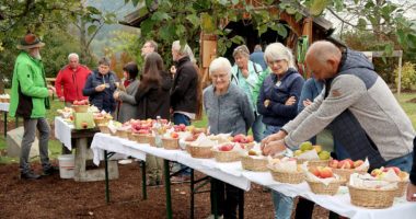 Die Besucher nutzten die Gelegenheit die verschiedensten Obstsorten kennenzulernen. Foto: Martin Straub/Landratsamt Regen