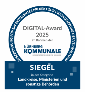 Digital-Award 2025 im Rahmen der Kommunale Nürnberg. Siegel in der Kategorie Landkreise, Ministerien und sonstige Behörden.