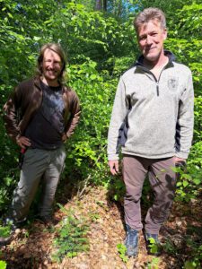 Martin Straub und Forstwirt Gerhard Lang mit einer außerhalb der Umzäunung gefundenen, vitalen Jungeibe, die freigeschnitten wurde. Foto: Daniel Fischer