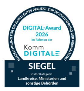 Digital-Award 2026 der KommDigitale. Siegel in der Kategorie Landkreise, Ministerien und sonstige Behörden.