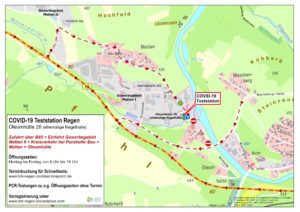 In Regen Oleumhütte gibt es Bauarbeiten, deswegen ist das Testzentrum nicht über alle Wege erreichbar. Hier finden Sie den Weg zum Testzentrum. Grafik: Stadler/Landratsamt Regen