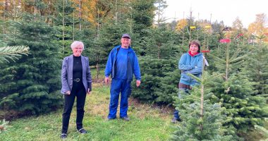 Landrätin Rita Röhrl machte sich ein Bild vor Ort und besuchte Christian Achatz und seine Frau Sonja (re.) in der Christbaumplantage. Foto: Langer/Landkreis Regen