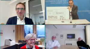 An der virtuellen Förderübergabe nahmen neben Staatsminister Klaus Holetschek und Landrätin Rira Röhrl auch Christian Schmitz (Vorstand der Arberlandklinken), Dr. Josef Reitberger und Simone Deininger (Beleghebamme Arberlandklinik Zwiesel) teil. Screenshot: Langer/Landkreis Regen