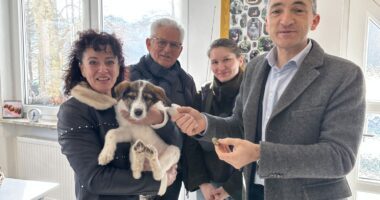  Gaby Wunner (v.li.), Rudolf Radlbeck, die künftige Tierheimleiterin Antonia Ammon und Landrat Dr. Ronny Raith mit Hund Madison im Tierheim Pometsau. Foto: Heiko Langer / Landratsamt Regen