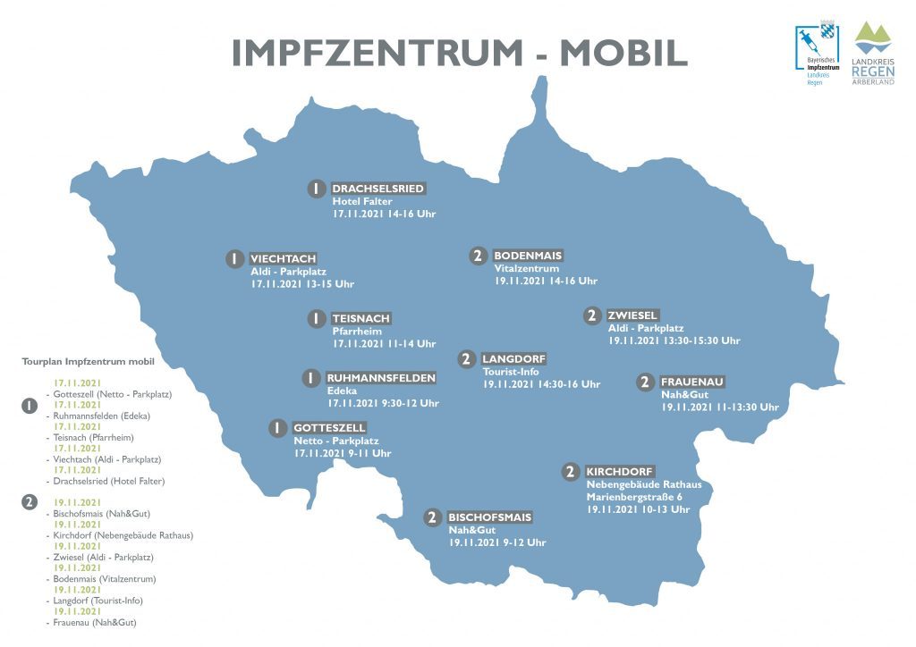 Übersichtskarte Mobile Impfteams. Darstellung: Brunner/Landratsamt Regen